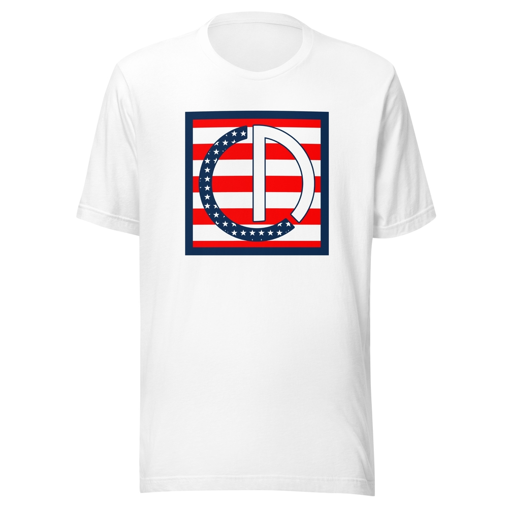 Patriotic White Tee with Red and Blue Design